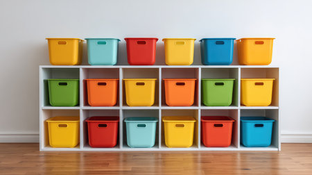 Vibrant stacked storage bins in assorted colors showcase efficient home organization. Perfect for modern interiors, enhancing both aesthetics and functionality in any space.の素材