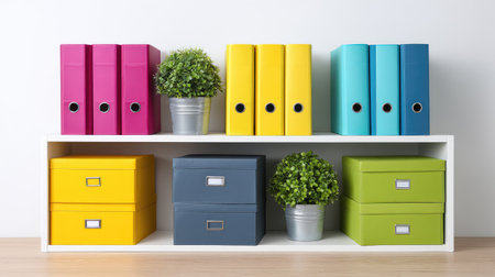 A visually appealing office storage setup featuring colorful binders and decorative plants, perfect for enhancing workspace organization and style.の素材