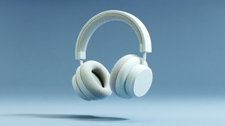 This image showcases sleek white headphones designed for modern audio experiences. The clean blue backdrop emphasizes the elegant design and aesthetic features for audio enthusiasts.の素材