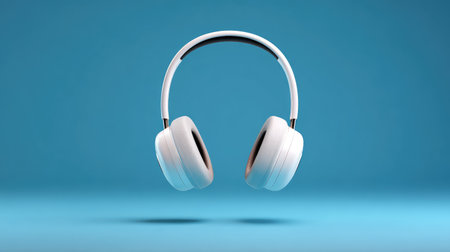 A stylish pair of white headphones floats effortlessly against a soft blue background, capturing the essence of modern audio technology and design for various creative uses.の素材