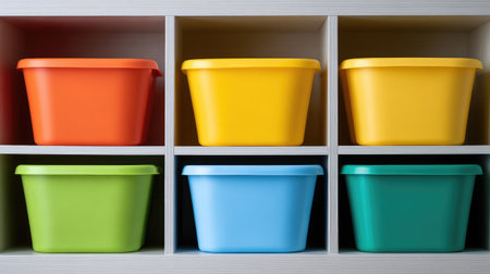 A visually appealing arrangement of colorful storage containers displayed on shelves, ideal for enhancing organization and adding a lively touch to various environments like homes or offices.の素材
