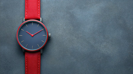 A stylish modern watch featuring a vibrant red leather strap and a minimalist blue dial, set against a textured gray background, perfect for illustrating timekeeping elegance.の素材