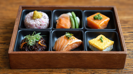 An elegant wooden tray showcases an assortment of sushi and sashimi, featuring fresh fish, colorful rice, and vibrant garnishes, embodying the art of Japanese dining.の素材