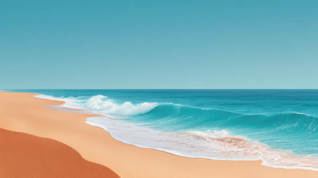 An idyllic beach scene featuring soft sands and gentle ocean waves beneath a clear blue sky, evoking tranquility and the essence of a perfect summer getaway.の素材