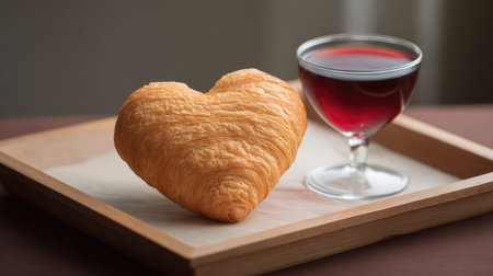 A charming heart-shaped croissant sits elegantly beside a glass of red drink on a wooden tray, creating a warm and inviting scene perfect for breakfast or special occasions.の素材