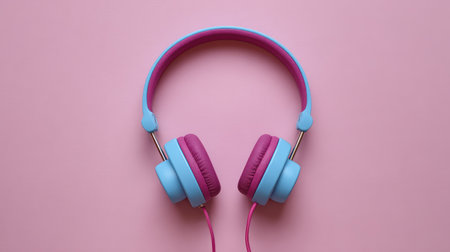 A pair of colorful headphones rests on a soft pink background, representing a vibrant and playful aesthetic ideal for music enthusiasts and creative projects.の素材