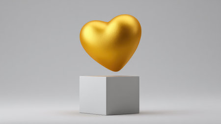A stunning golden heart shape elegantly floats above a square pedestal, capturing the essence of love and luxury in a clean, modern design suitable for diverse applications.の素材