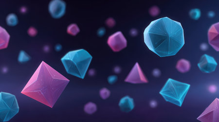 Vivid floating geometric shapes create a mesmerizing three-dimensional space, ideal for modern design projects and artistic expressions with a touch of creativity.の素材