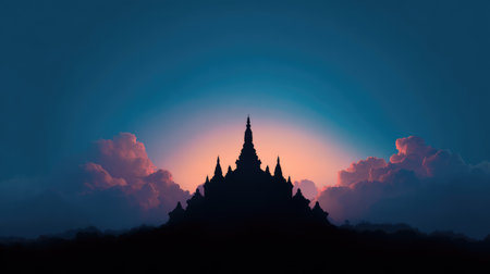 A breathtaking silhouette of a temple stands prominently against a colorful sunset sky, with cloud formations adding to the serene and tranquil atmosphere.の素材