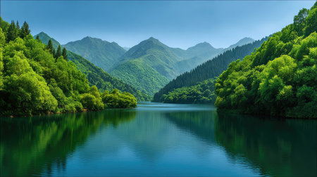 This stunning landscape features a serene mountain lake surrounded by lush greenery, offering a peaceful escape into nature with captivating reflections in the still waters.の素材