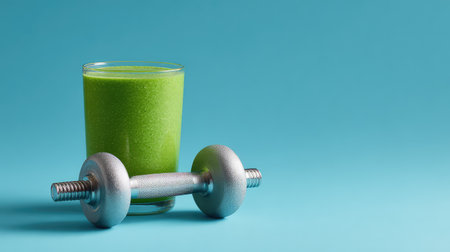 A vibrant green smoothie sits next to a shiny dumbbell, embodying a commitment to health and fitness. Perfect for promoting active lifestyles and nutritious choices.の素材