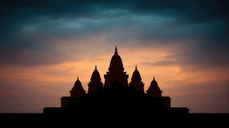 This stunning image captures the majestic silhouette of a historic temple during twilight, showcasing vibrant colors and intricate architectural details against a dramatic sky.の素材
