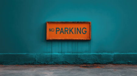 A striking no parking sign framed in orange against a textured turquoise wall, ideal for modern design projects and artistic expressions. Perfect for urban themes.の素材