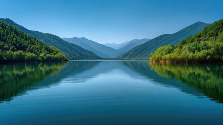 A breathtaking view of a calm lake surrounded by majestic mountains and lush forests, reflecting the clear blue sky, ideal for nature lovers and outdoor enthusiasts.の素材