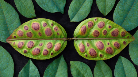 A striking close-up of green leaves featuring unique brown spots, illustrating the effects of disease or decay against a contrasting dark background, ideal for nature studies.の素材