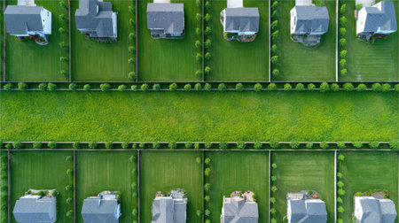 This aerial image captures a beautiful suburban neighborhood with perfectly maintained lawns, showcasing the harmony of residential life in a vibrant green environment.の素材