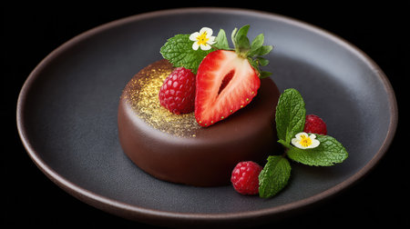 Indulge in this exquisite chocolate dessert adorned with fresh raspberries, strawberries, and mint leaves, creating a visually stunning and appetizing treat.の素材