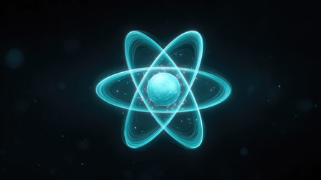 A captivating digital illustration of an atom featuring glowing electron orbits and a central nucleus, ideal for scientific themes and educational projects exploring atomic structure.の素材