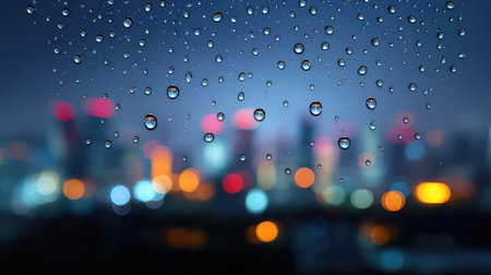 A captivating close-up of rain droplets on a glass surface captures the allure of a vibrant urban nightscape, featuring colorful city lights and a dreamy bokeh effect.の素材