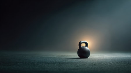A striking image of a black kettlebell set against a dark background, illuminated by soft lighting. This visual captures the essence of fitness, strength, and determination in training.の素材