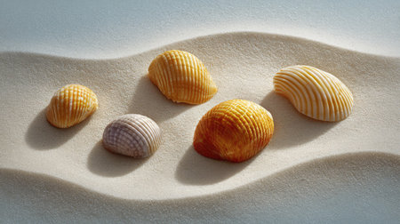 A stunning arrangement of five seashells resting elegantly on a sandy surface, highlighting their unique colors and textures, ideal for beach-inspired projects or decor.の素材