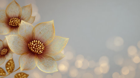 A captivating floral arrangement featuring delicate flowers with golden accents, set against a soft bokeh background, perfect for enhancing any design project or home space.の素材