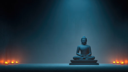 A tranquil scene featuring a Buddha statue bathed in soft blue light, with flickering flames in the foreground, creating an atmosphere perfect for meditation and relaxation.の素材