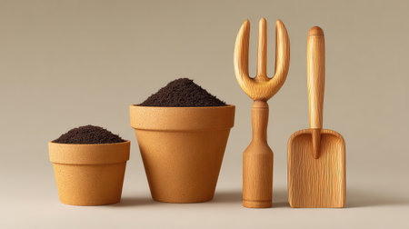 A tranquil still life featuring pots filled with rich soil alongside wooden gardening tools, showcasing natural textures and earthy tones perfect for gardening enthusiasts and decor.の素材