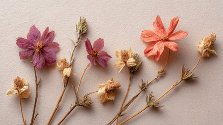 Explore the beauty of dried flowers arranged artfully on a soft paper background, showcasing their delicate colors and textures, perfect for crafts and home decor.の素材
