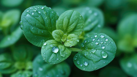 Close-up of fresh green leaves adorned with water droplets, highlighting the beauty of nature and the vibrant details of plant life in a serene environment.の素材