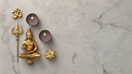 A tranquil arrangement featuring golden statues, candles, and spiritual symbols set against a marble background, perfect for themes of peace and meditation.の素材