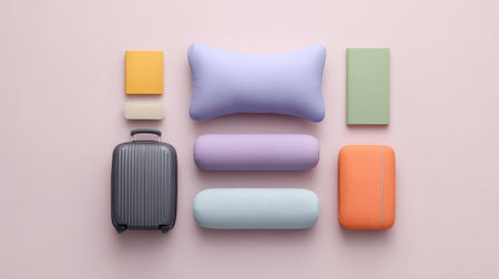 This vibrant flat lay features stylish travel items and colorful accessories against a pastel pink background, highlighting a modern and creative lifestyle for travel enthusiasts.の素材