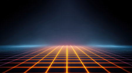 This image features a stunning neon grid landscape with vibrant glowing lines set against a dark background, perfect for futuristic themes and creative projects.の素材