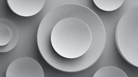 This abstract image features a collection of circular plates in various sizes set against a gray background, creating a modern and minimalist aesthetic perfect for design projects.の素材