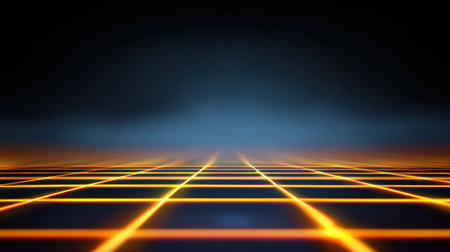 This striking digital artwork features a futuristic grid with glowing orange lines set against a dark and smoky background, ideal for technology and sci-fi projects.の素材