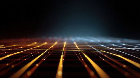 Explore an abstract representation of glowing grid lines in vibrant orange and blue against a dark backdrop, evoking a sense of depth and dynamic motion.の素材