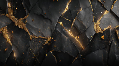 This dark marble texture features stunning gold veins and sparkles, perfect for elegant backgrounds and luxurious design projects, adding richness and beauty.の素材