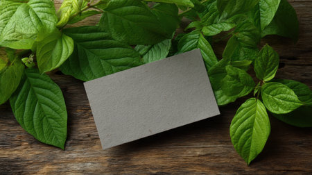 A minimalist scene featuring an empty business card resting on a rustic wooden surface, surrounded by vibrant green leaves, ideal for showcasing ecological branding.の素材