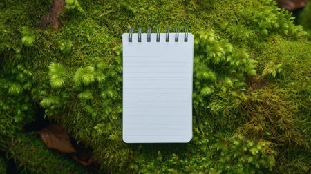 A serene scene featuring a blank notepad resting on lush green moss, perfect for inspiring creativity or capturing thoughts in a natural, tranquil setting.の素材