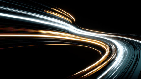 Captivating long exposure light trails against a dark background create a mesmerizing abstract art piece. The vibrant colors and fluid motion evoke energy and modernity.の素材