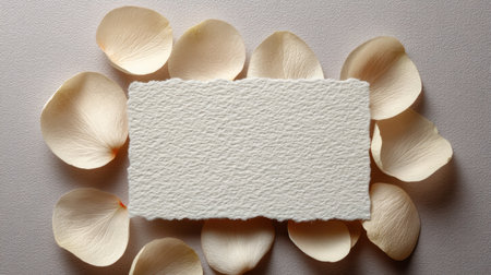 This beautiful stock photo showcases a blank textured card surrounded by soft rose petals, perfect for wedding invitations or romantic messages, evoking love and elegance.の素材