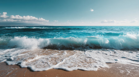 This serene scene features gentle ocean waves lapping against a sandy beach under a clear blue sky, creating a tranquil environment perfect for relaxation and escape.の素材