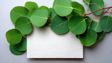 A serene composition featuring vibrant green leaves surrounding a blank textured card, perfect for customized designs and artistic projects in a minimalistic style.の素材