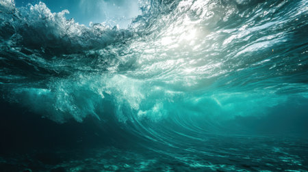 Captivating underwater scene showcasing powerful ocean waves illuminated by sunlight. Perfect for illustrating tranquility and the beauty of marine environments.の素材