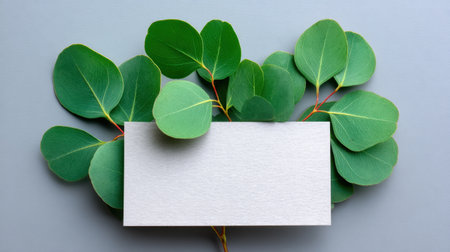 A serene arrangement featuring vibrant green leaves surrounding a blank card on a soft gray background, perfect for branding or design projects that celebrate nature.の素材