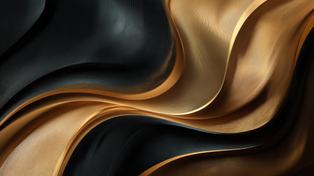 This captivating abstract design features flowing waves of black and gold textures, creating a luxurious visual experience perfect for modern design projects and digital art.の素材