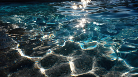 Experience the tranquility of nature with this image capturing sunlight reflecting on a clear water surface, showcasing radiant blue tones and gentle ripples.の素材