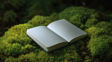 An open notebook rests on vibrant green moss in a sunlit forest, inviting quiet reflection and creativity in a tranquil natural setting, perfect for inspiration.の素材