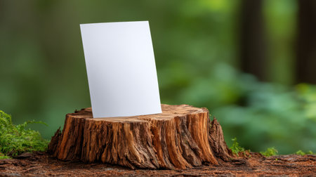 A blank white card rests on a rustic wooden log amidst a lush green forest backdrop, offering an ideal surface for personalization or creative projects.の素材