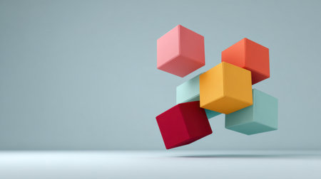 A dynamic arrangement of colorful geometric cubes floating in a minimalist space, creating a visually striking effect ideal for various creative projects and backgrounds.の素材
